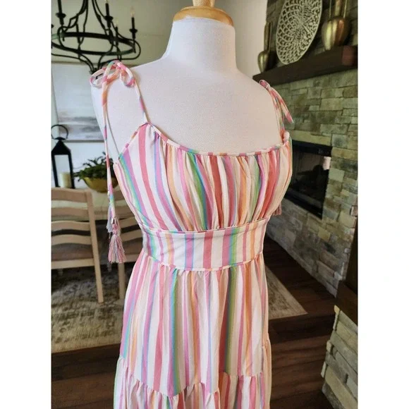 ChicWish Rainbow Pastel Striped Multicolor Maxi with Tassels Dress Boho Size M - Picture 5 of 10
